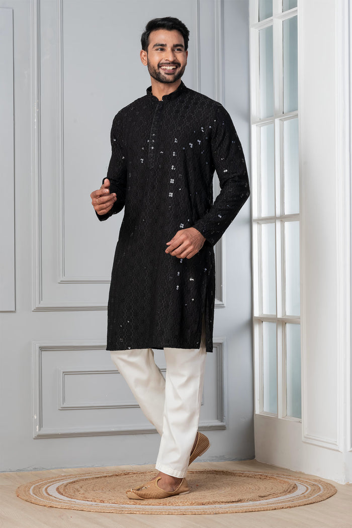 Black Cotton Silk Embroidered Kurta Set