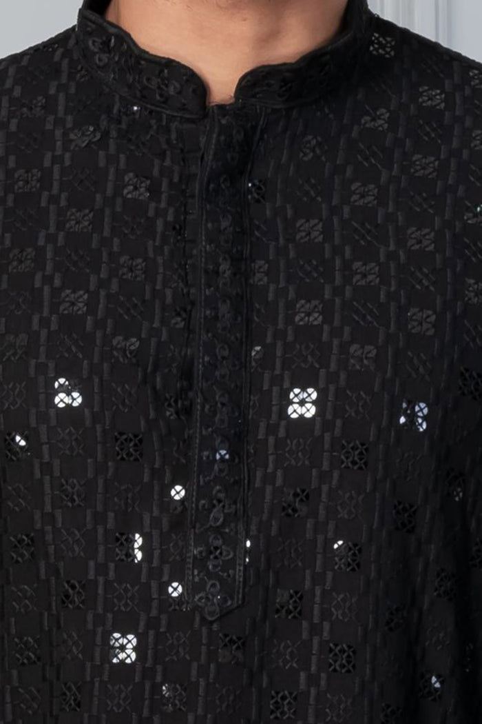 Black Cotton Silk Embroidered Kurta Set