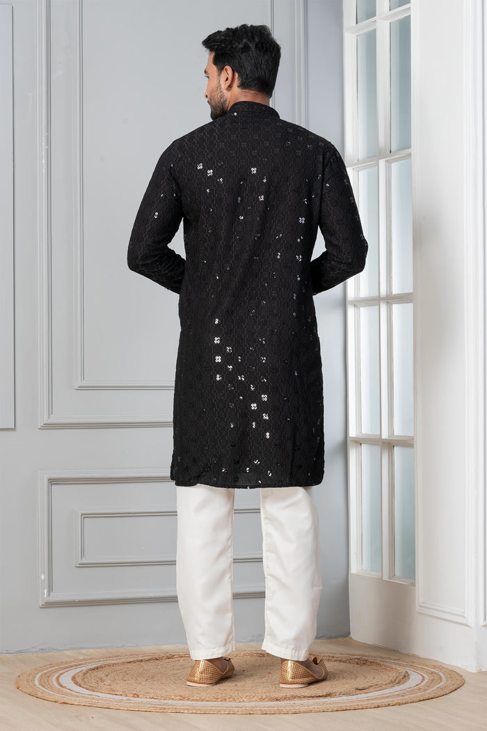 Black Cotton Silk Embroidered Kurta Set