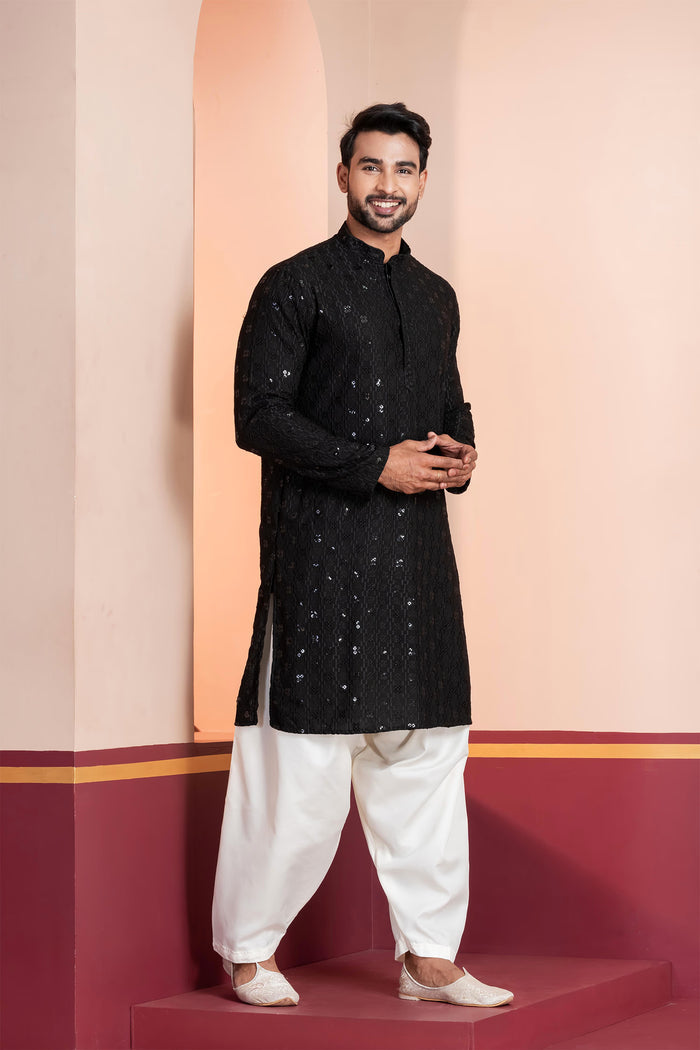 Black Cotton Silk Embroidered Patiala Set