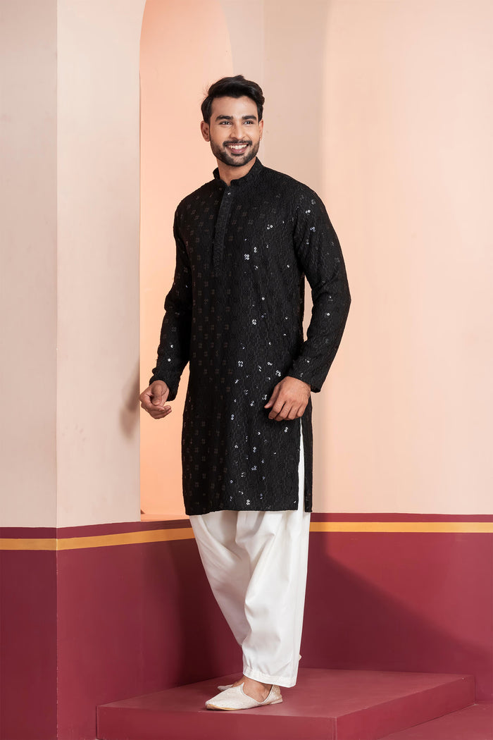 Black Cotton Silk Embroidered Patiala Set
