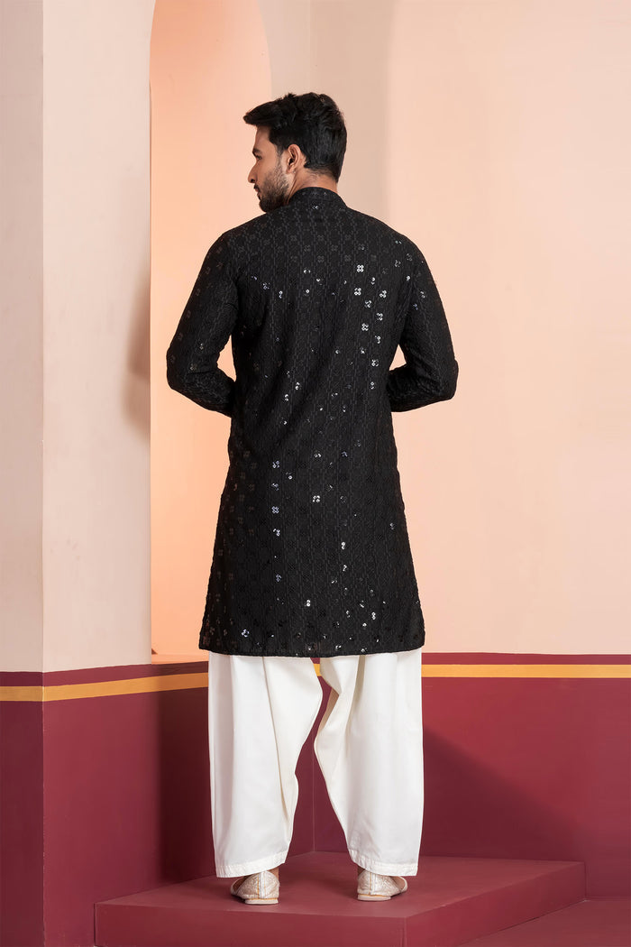 Black Cotton Silk Embroidered Patiala Set