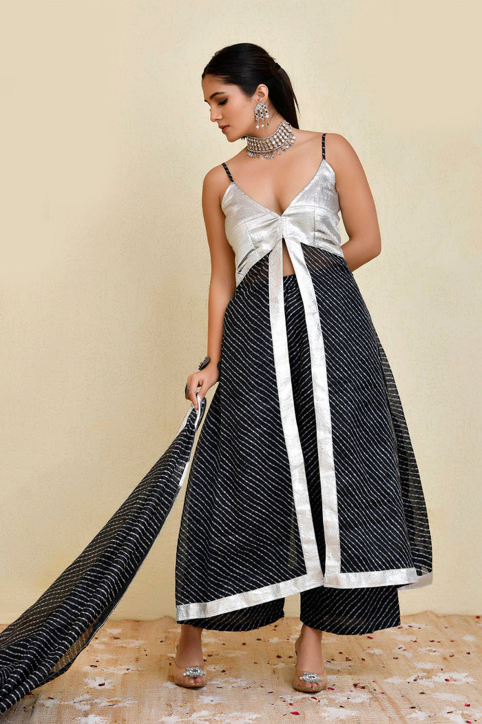 Black Cotton Silk Kurta Set With Stripes
