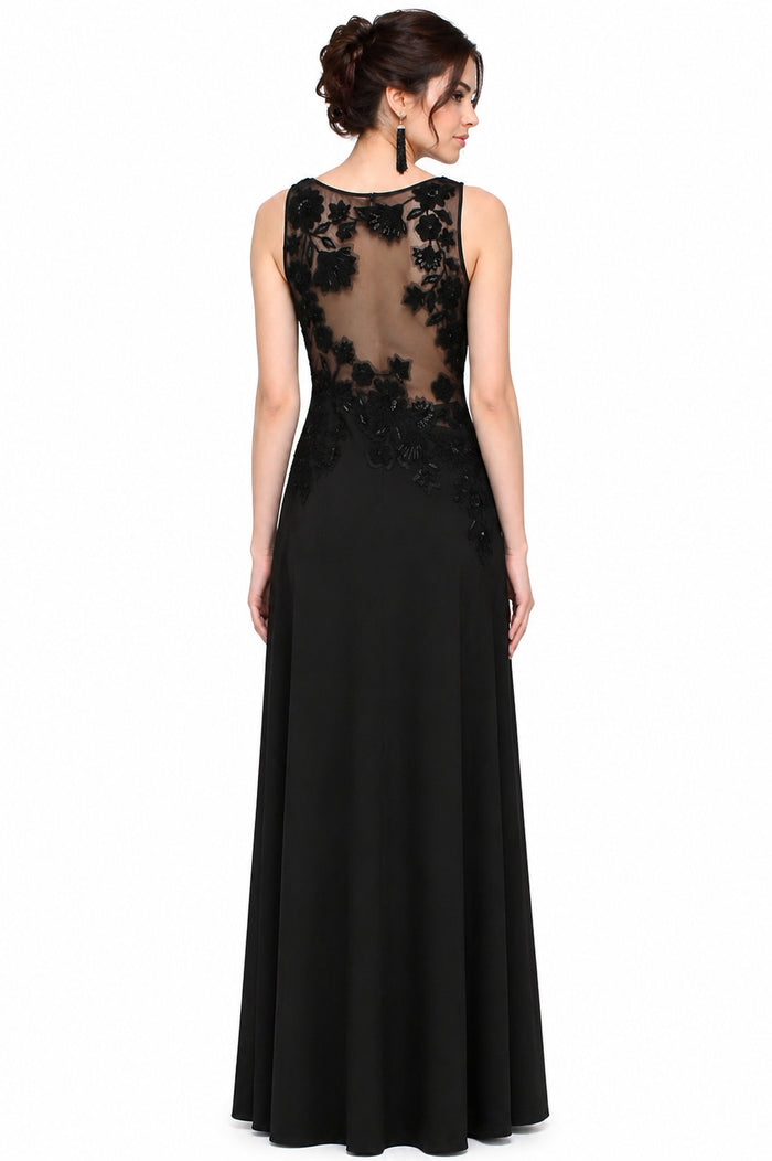 Black Crepe Column Gown With Sheer Floral Embroidered Yoke