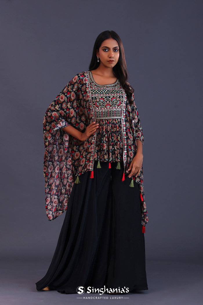Black Crepe Silk And Chiffon Floral Peplum Set.