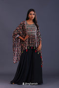 Black Crepe Silk And Chiffon Floral Peplum Set.