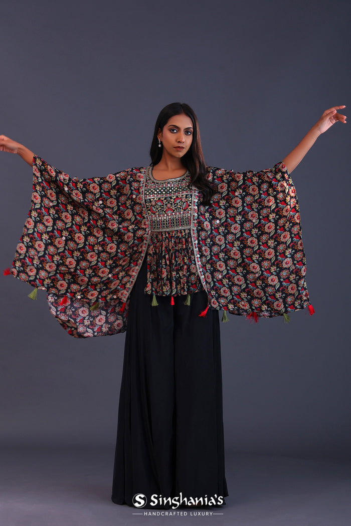 Black Crepe Silk And Chiffon Floral Peplum Set.