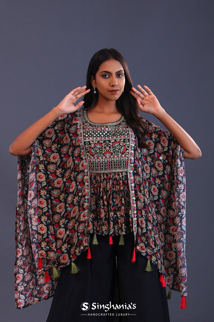 Black Crepe Silk And Chiffon Floral Peplum Set.