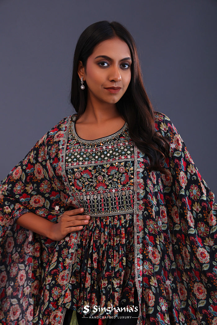 Black Crepe Silk And Chiffon Floral Peplum Set.