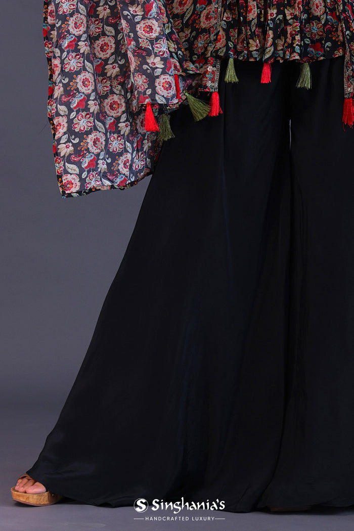 Black Crepe Silk And Chiffon Floral Peplum Set.