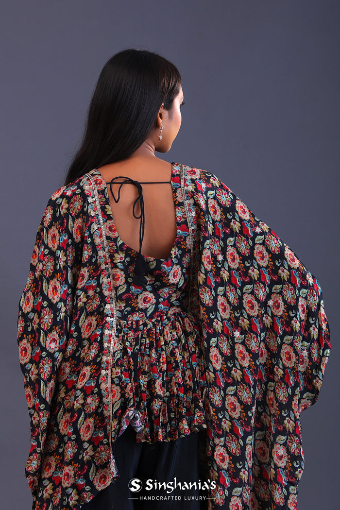 Black Crepe Silk And Chiffon Floral Peplum Set.