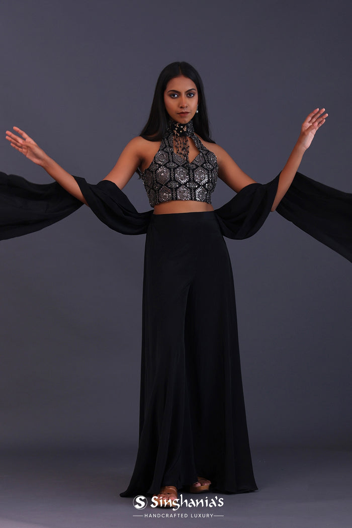 Black Crepe Silk And Georgette Indo Western Choli Set.