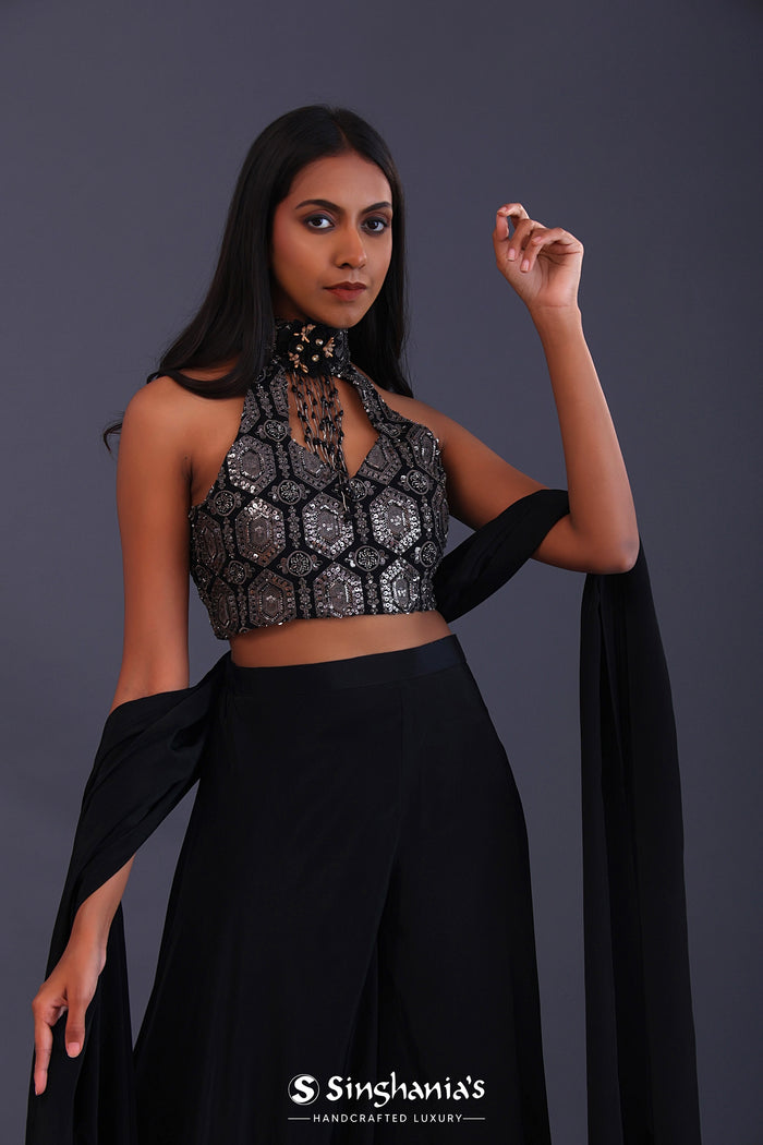 Black Crepe Silk And Georgette Indo Western Choli Set.