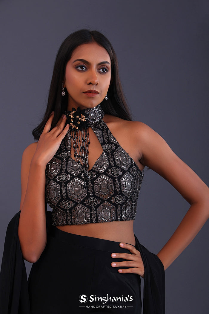 Black Crepe Silk And Georgette Indo Western Choli Set.