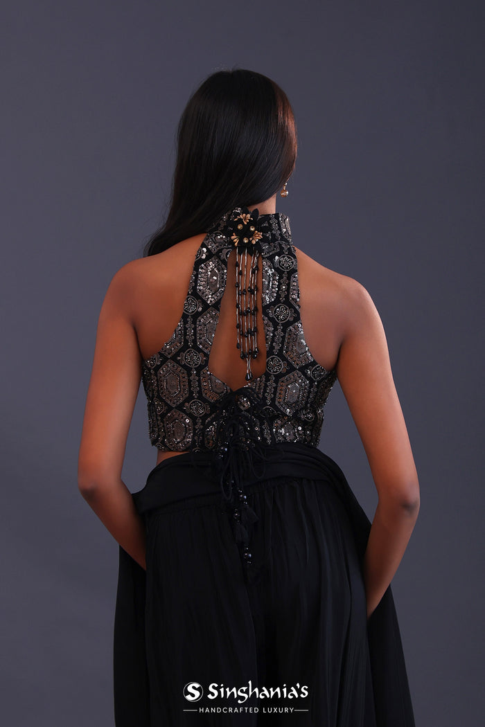 Black Crepe Silk And Georgette Indo Western Choli Set.