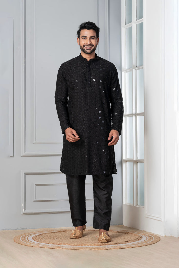 Black Embroidered Cotton Silk Kurta Set
