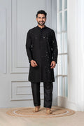 Black Embroidered Cotton Silk Kurta Set