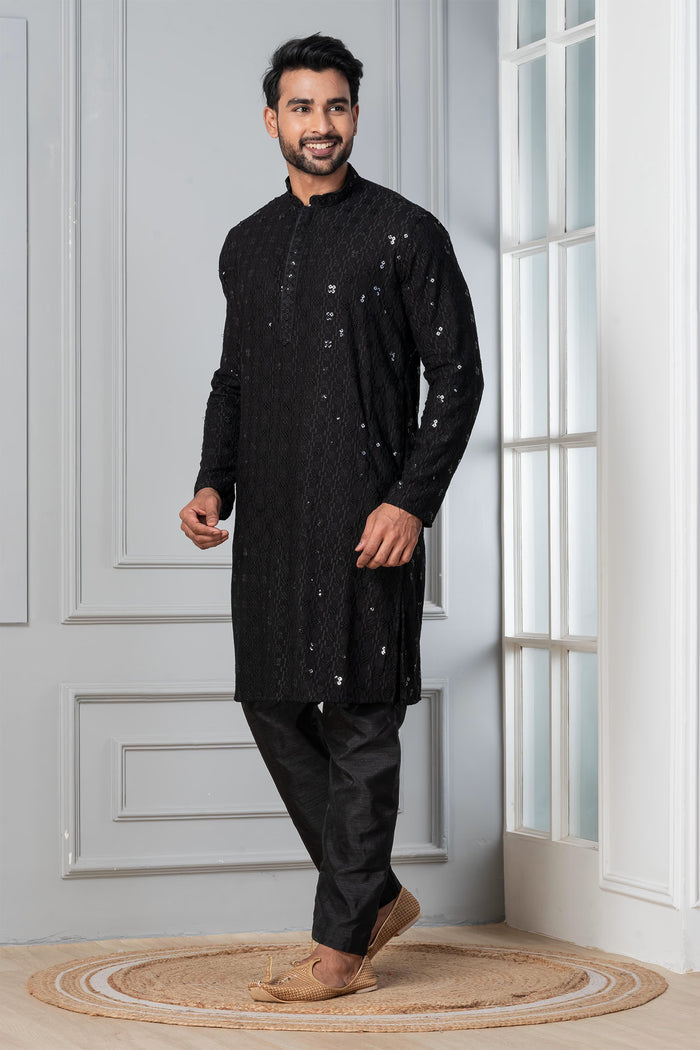 Black Embroidered Cotton Silk Kurta Set