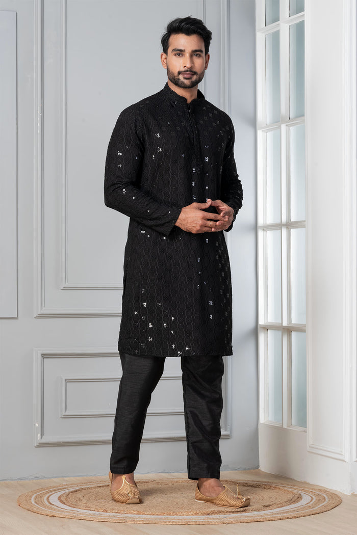 Black Embroidered Cotton Silk Kurta Set