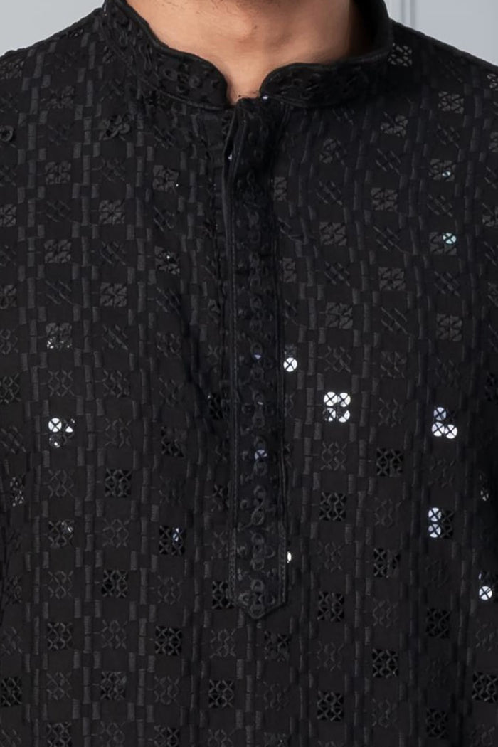 Black Embroidered Cotton Silk Kurta Set