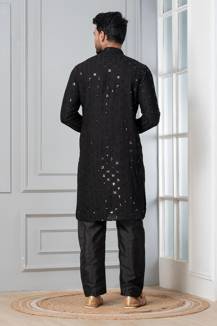 Black Embroidered Cotton Silk Kurta Set