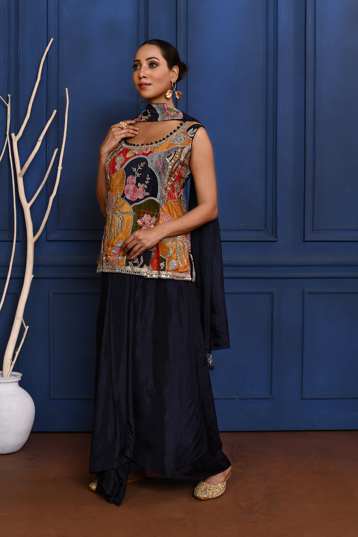 Black Embroidered Satin Sharara Set