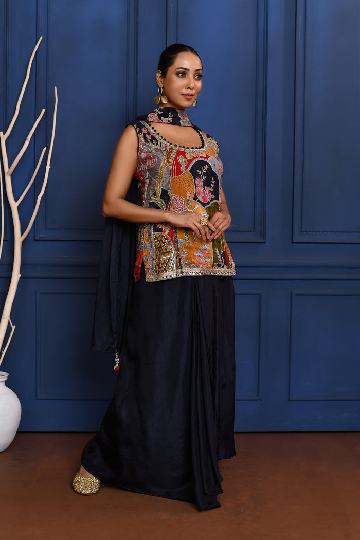 Black Embroidered Satin Sharara Set