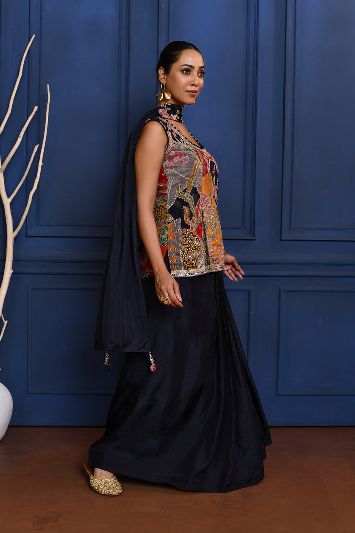 Black Embroidered Satin Sharara Set