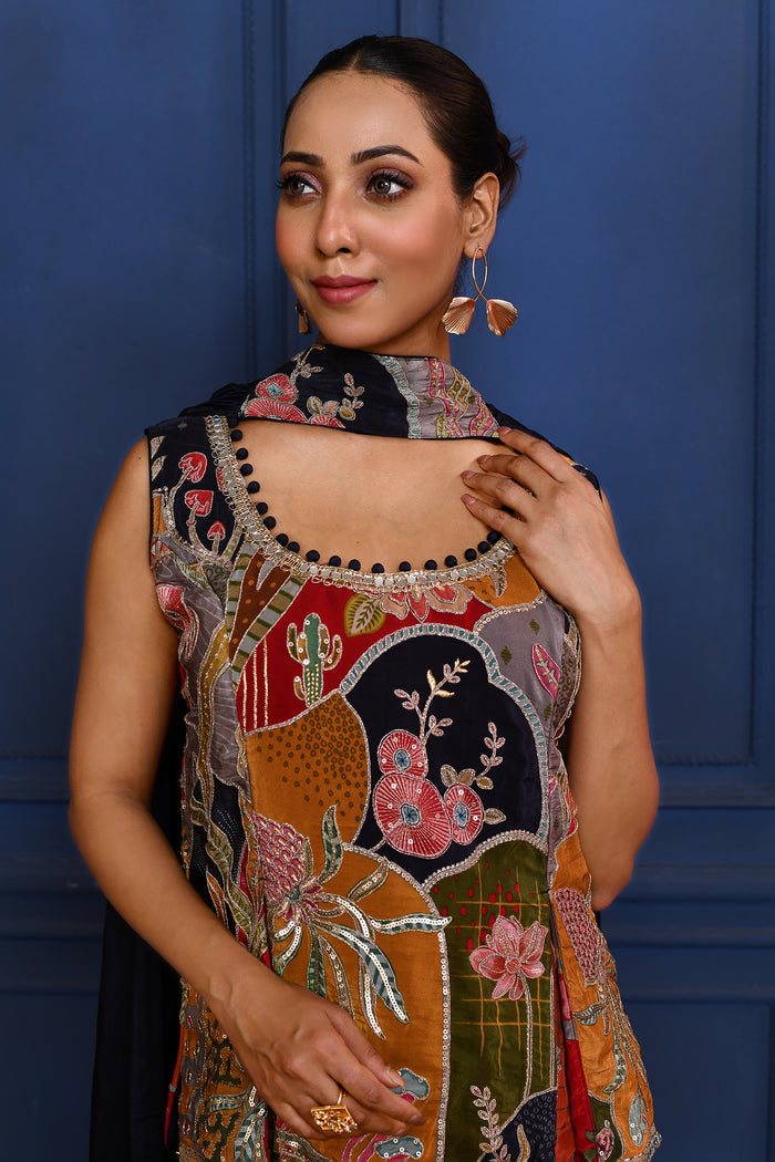 Black Embroidered Satin Sharara Set