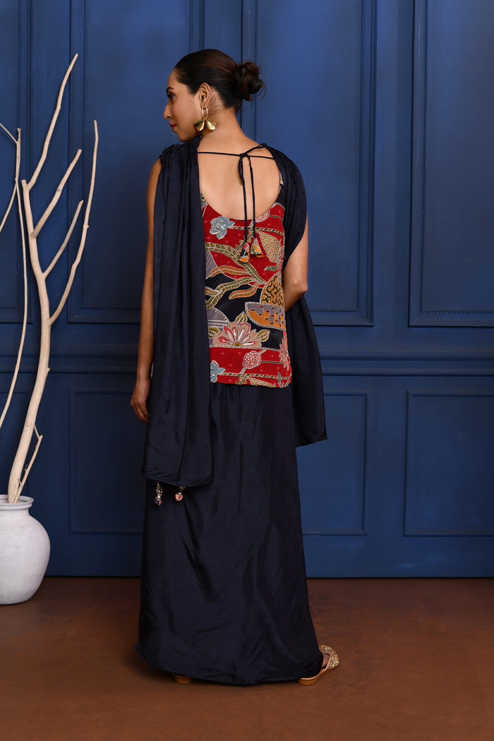 Black Embroidered Satin Sharara Set
