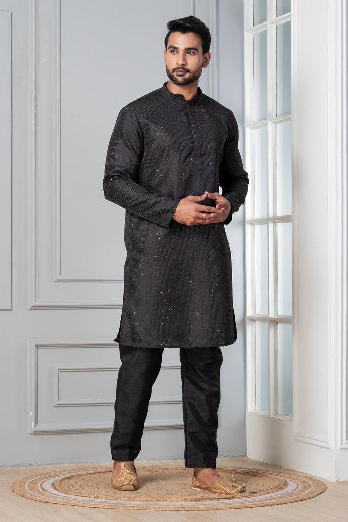 Black Embroidered Silk Blend Kurta Set