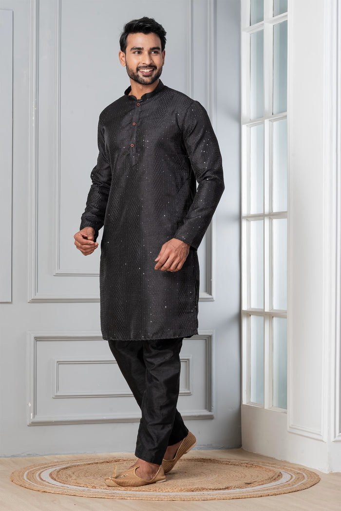 Black Embroidered Silk Blend Kurta Set