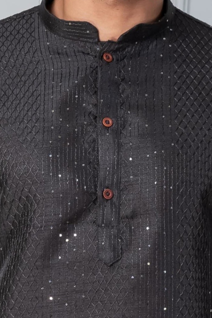 Black Embroidered Silk Blend Kurta Set