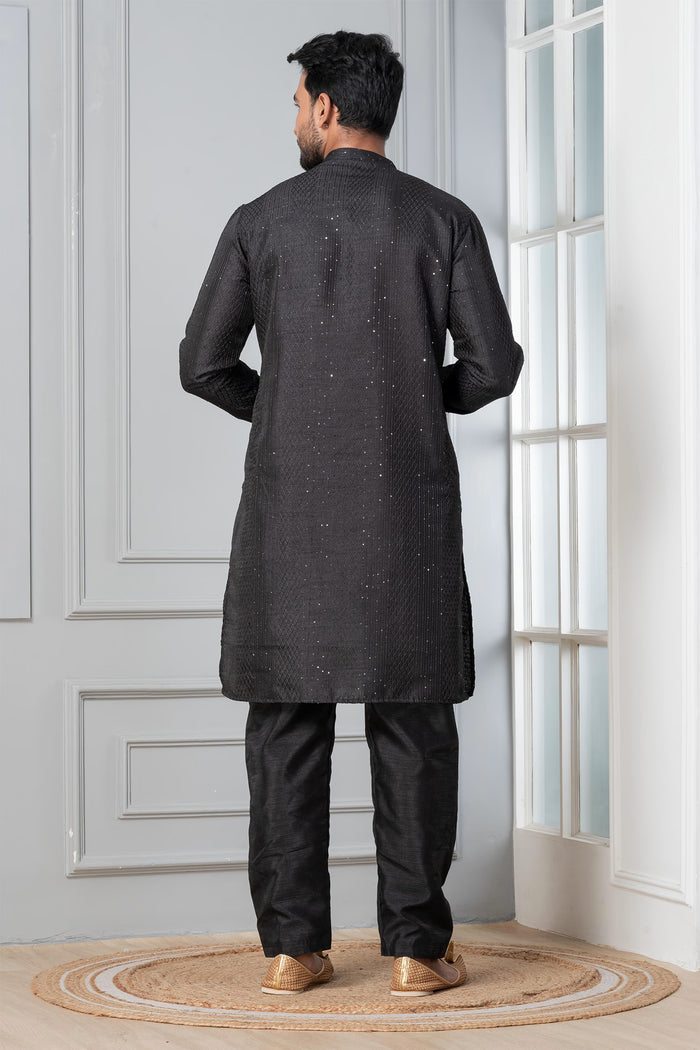 Black Embroidered Silk Blend Kurta Set