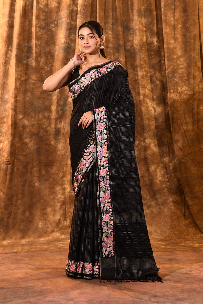 Black Embroidered Silk Blend Saree