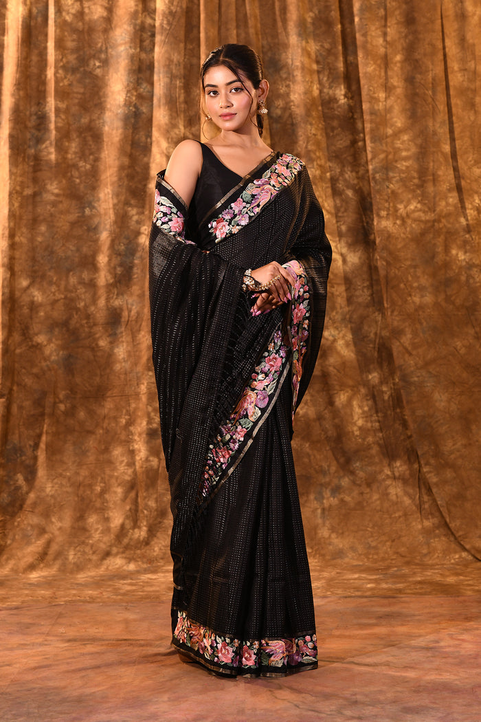 Black Embroidered Silk Blend Saree
