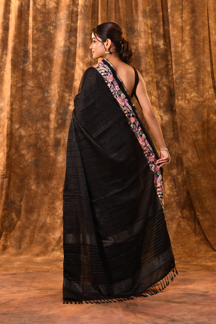 Black Embroidered Silk Blend Saree