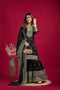 Black Embroidered Silk Floral Sharara Set