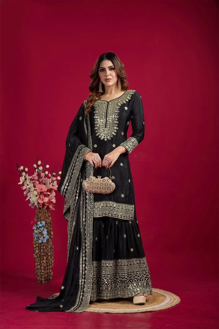 Black Embroidered Silk Floral Sharara Set