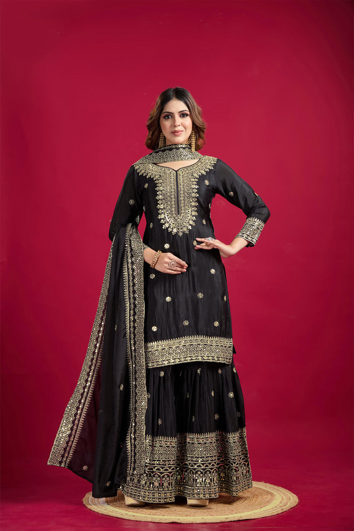 Black Embroidered Silk Floral Sharara Set
