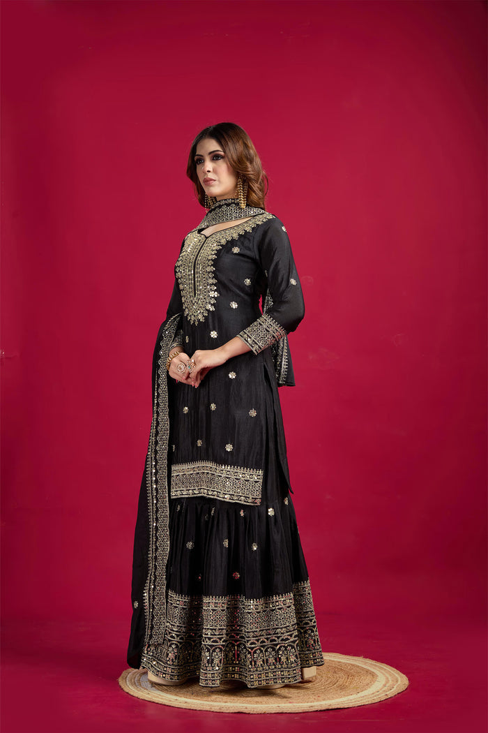 Black Embroidered Silk Floral Sharara Set