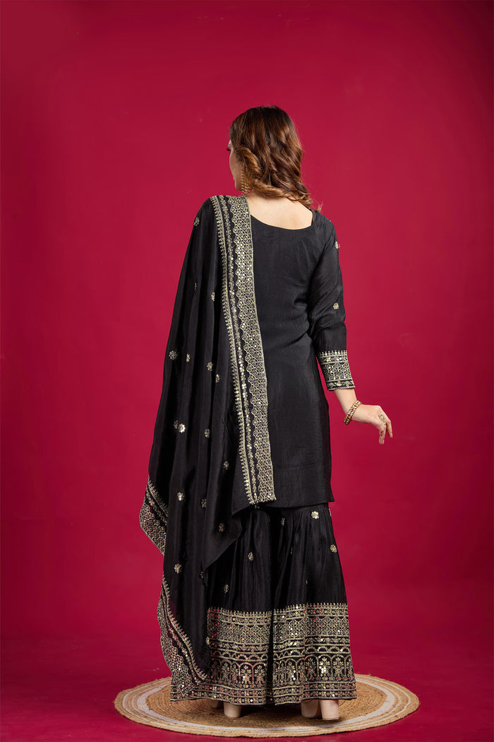 Black Embroidered Silk Floral Sharara Set
