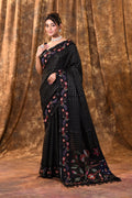 Black Embroidered Tussar Silk Saree