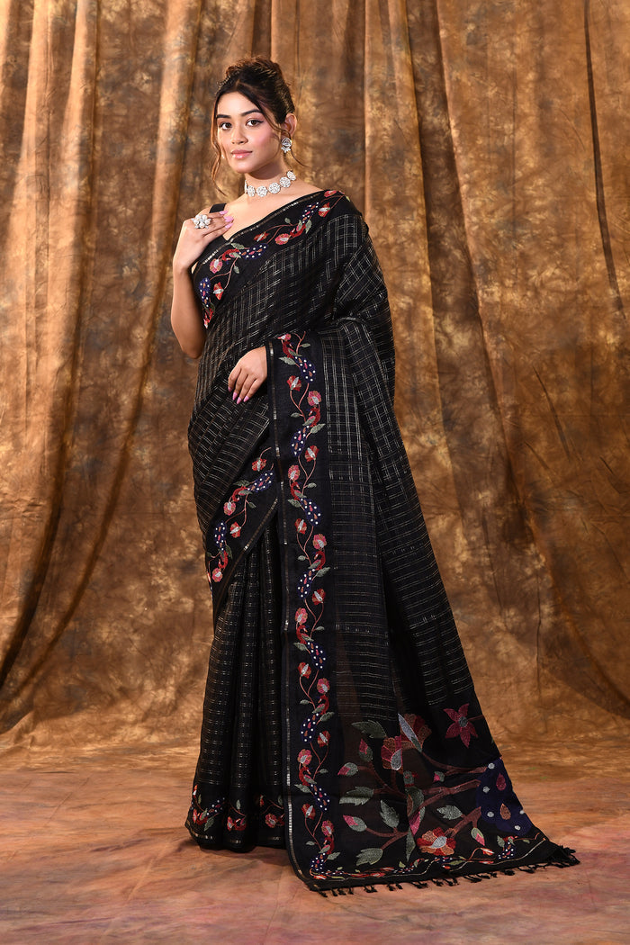 Black Embroidered Tussar Silk Saree