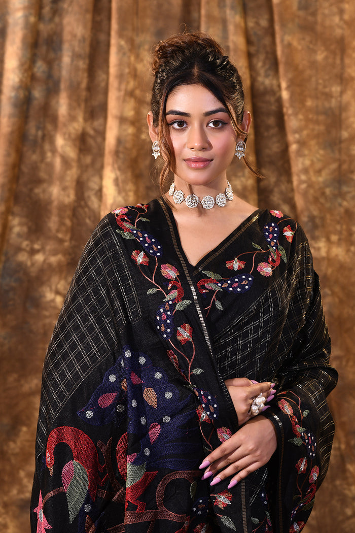Black Embroidered Tussar Silk Saree