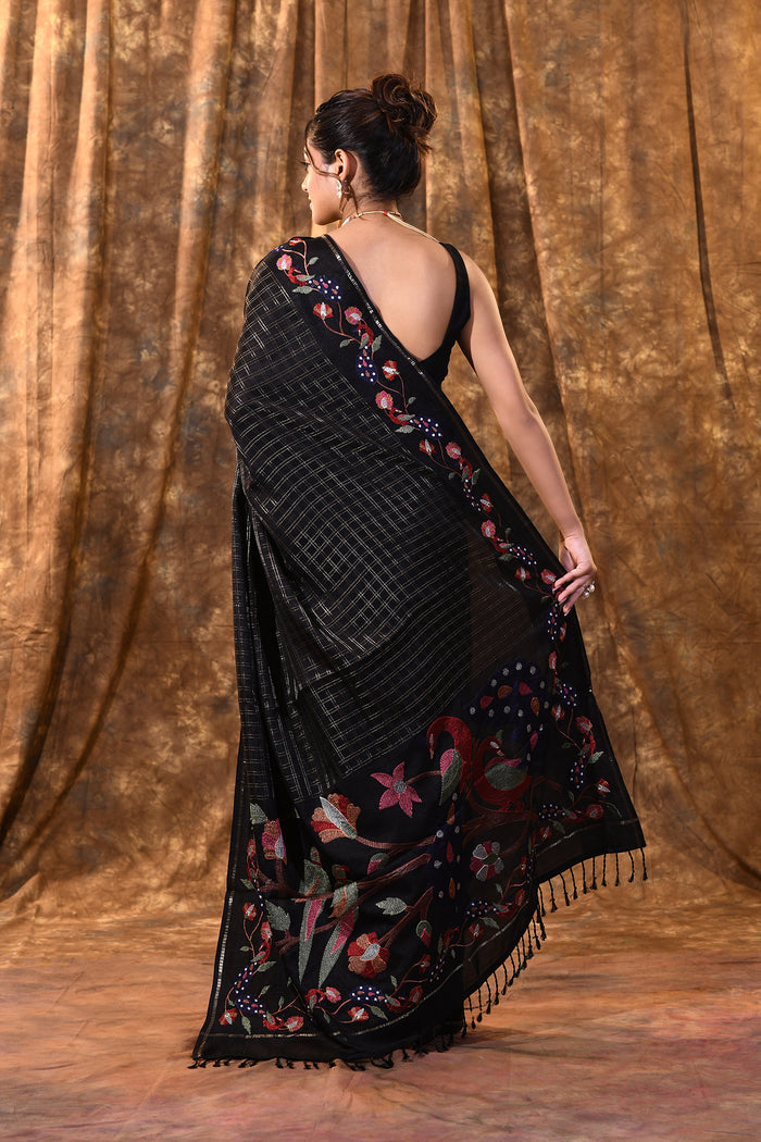Black Embroidered Tussar Silk Saree