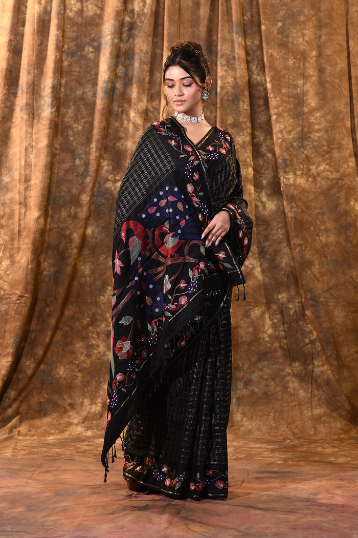 Black Embroidered Tussar Silk Saree