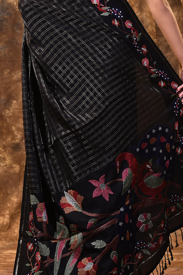 Black Embroidered Tussar Silk Saree