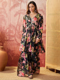 Black Floral Crepe Sharara Set
