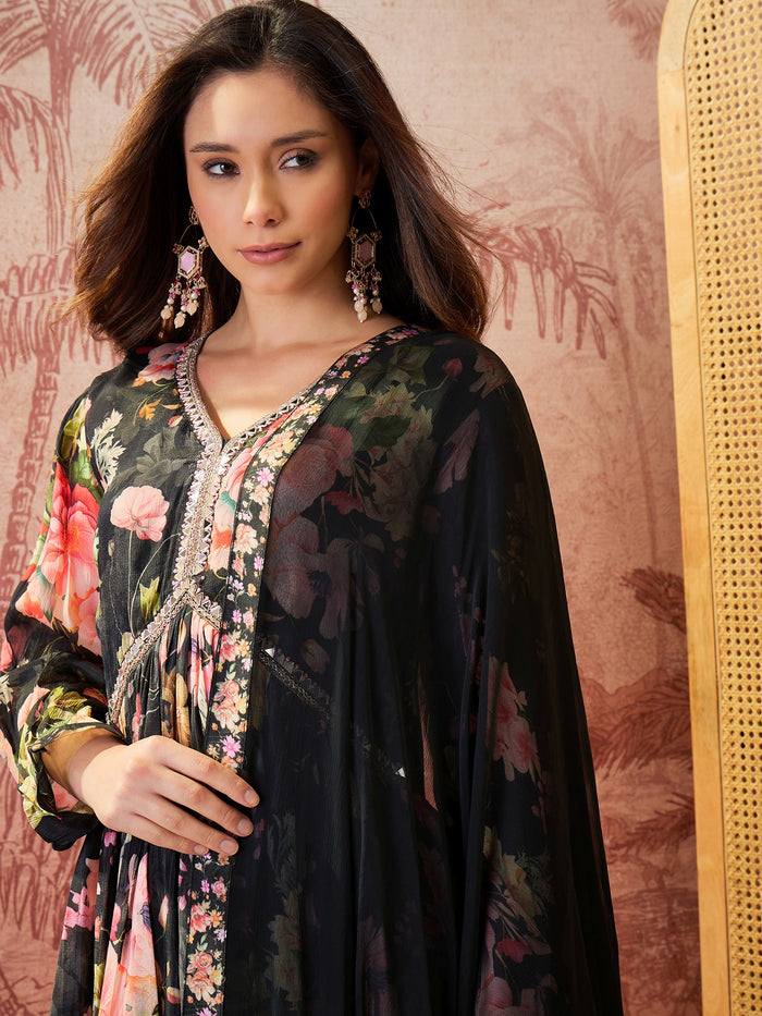 Black Floral Crepe Sharara Set